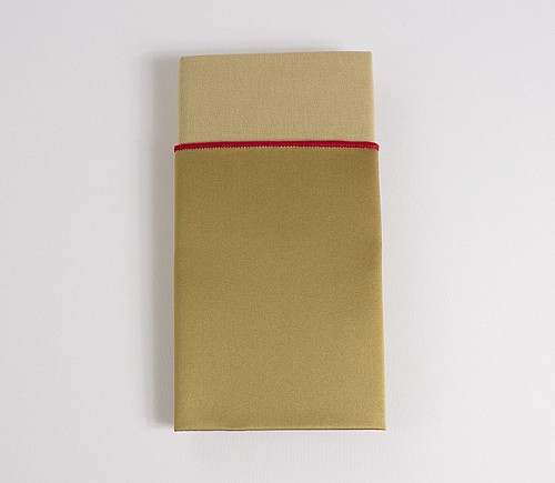Gold Lamour Dinner Napkin with Camel Cotton Backing and Red Trim